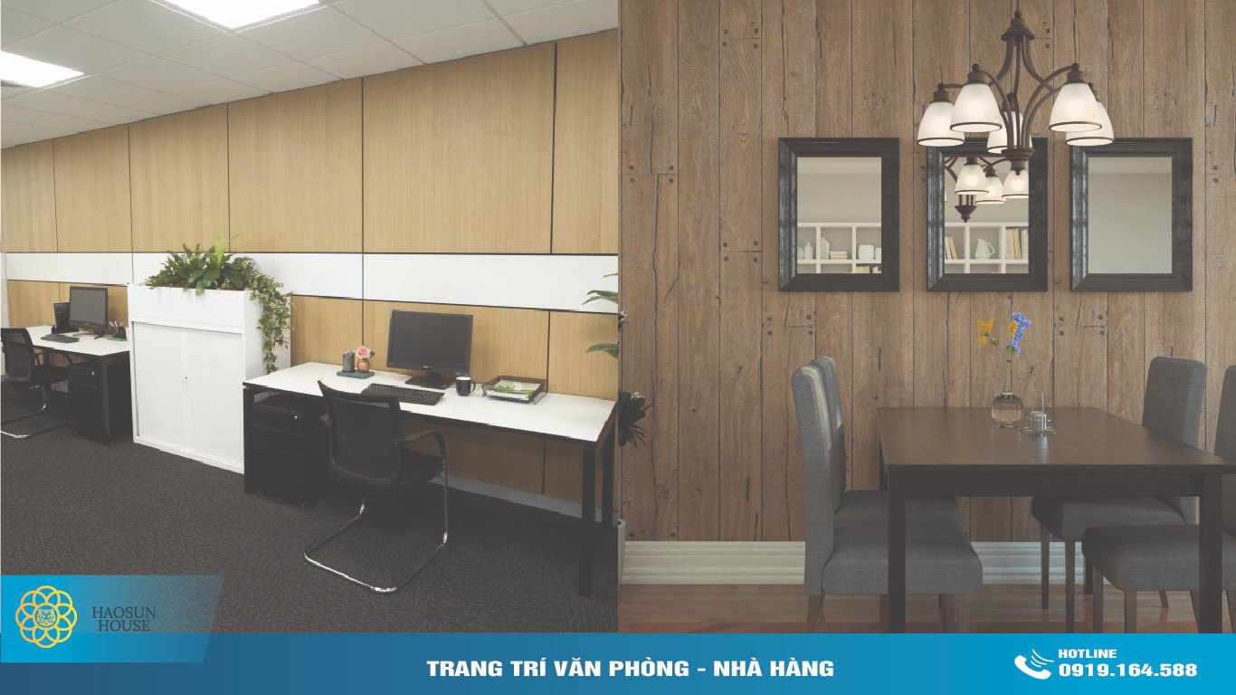 nhà hàng vs văn phòng tấm nhựa ốp tường pvc vân gỗ