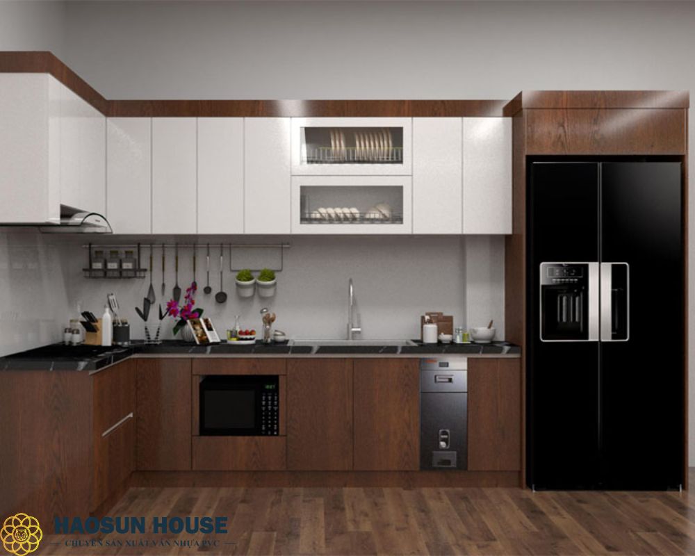 Mẫu phòng bếp bằng tủ nhựa pvc giả gỗ