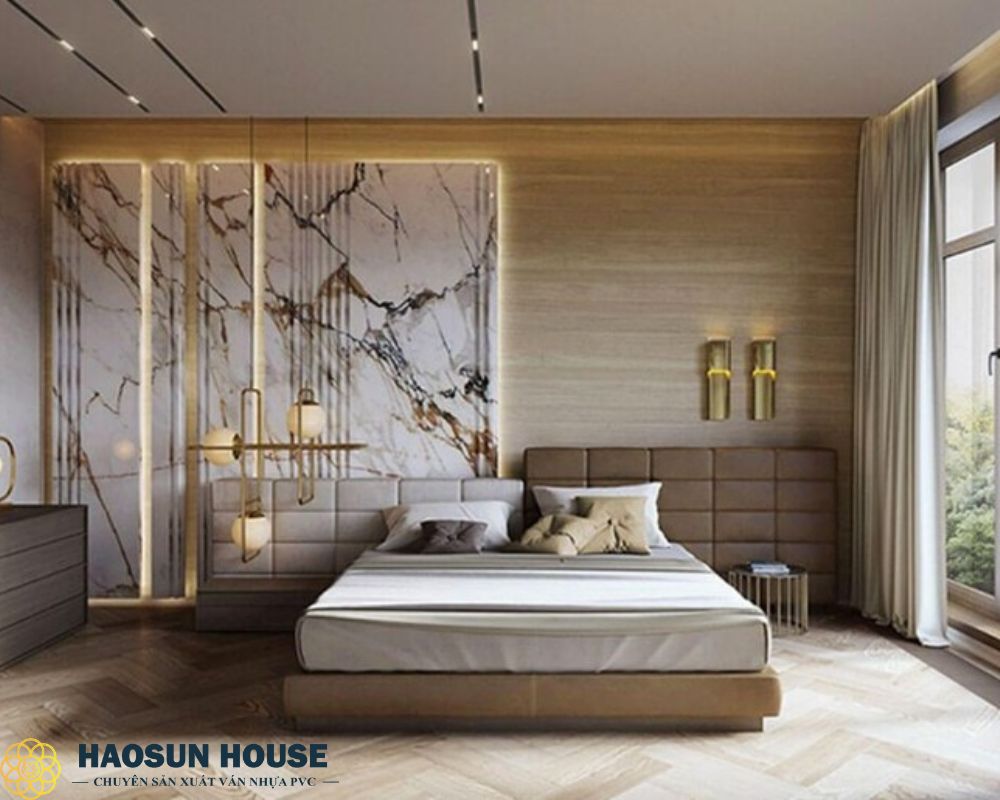 Mẫu phòng ngủ kết hợp tấm ốp nhựa vân đá và vân gỗ