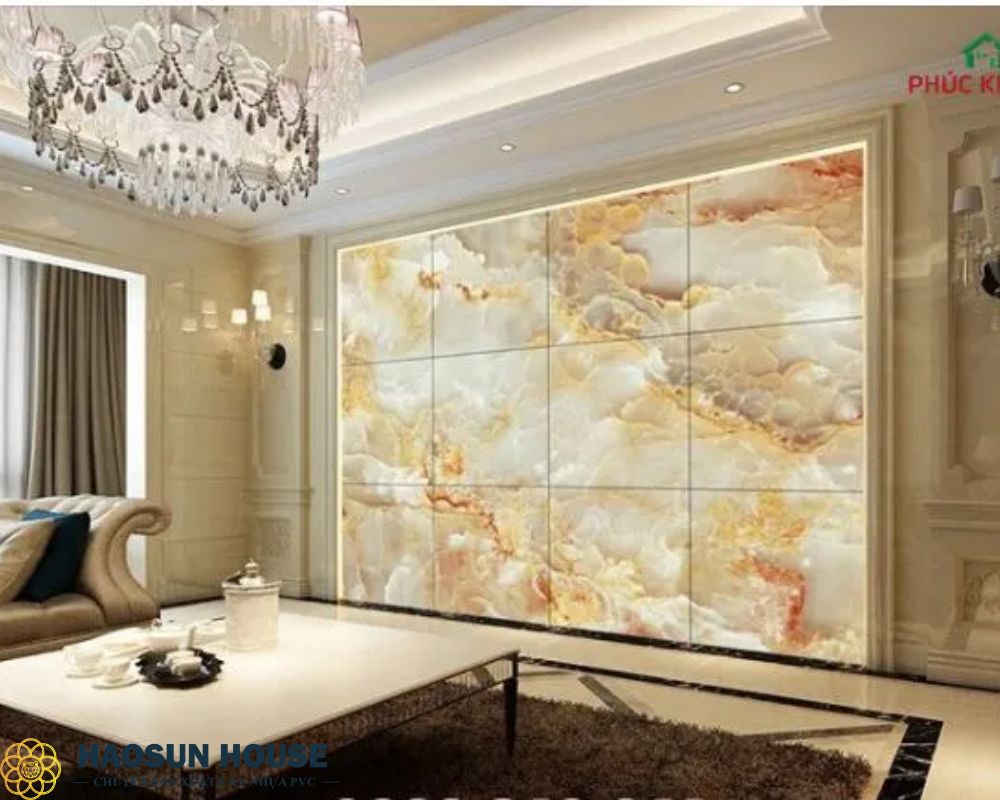Phòng khách sang trọng, nổi bật với tấm nhựa pvc vân đá