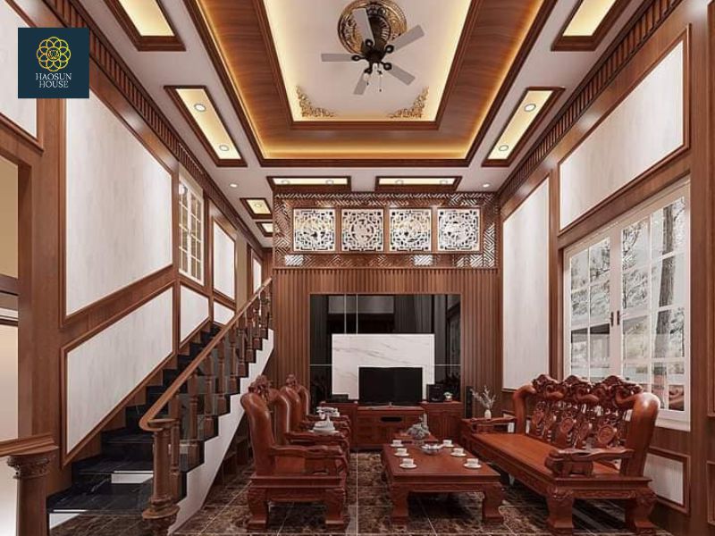 Mẫu phòng khách ốp trần nhựa la phông giả gỗ
