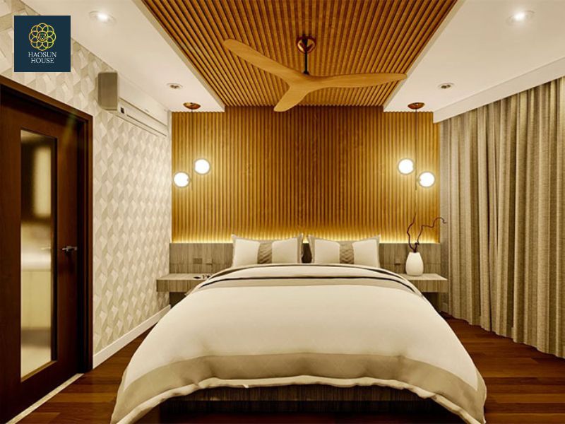 Mẫu trần nhựa giả gỗ phòng ngủ màu vàng