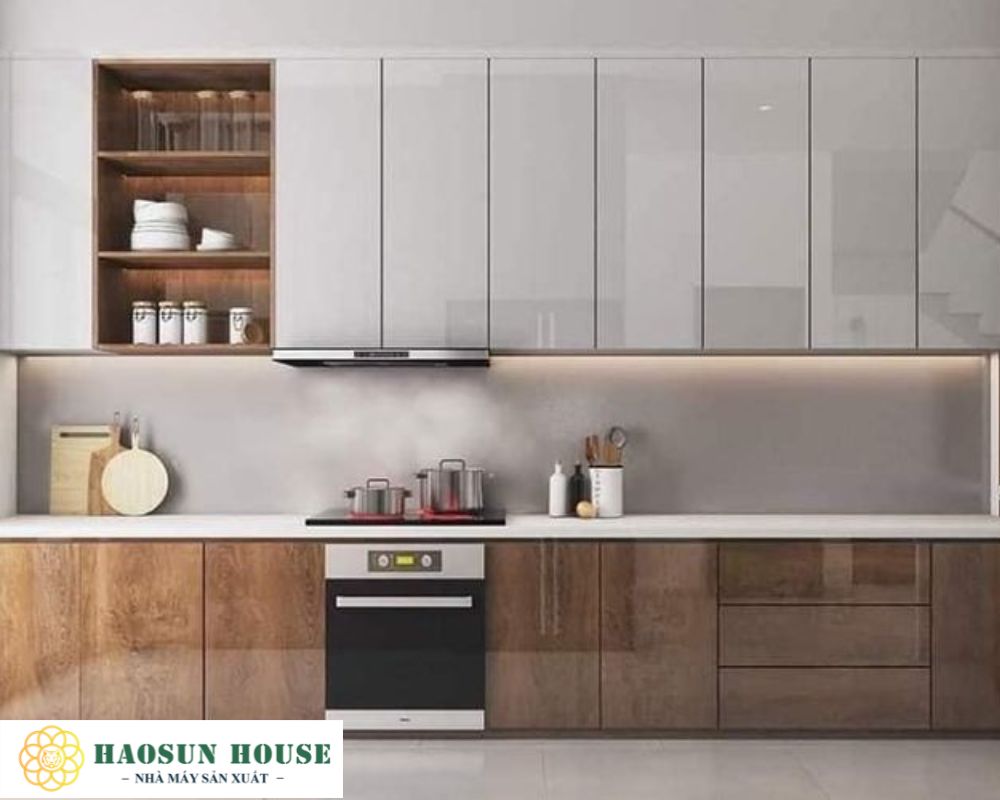 Tủ bếp làm bằng tấm nhựa PVC vân gỗ