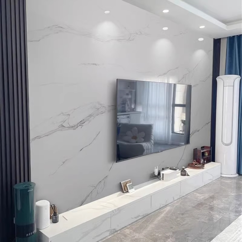 Thi công phòng khách ván Nhựa PVC Vân Đá ốp tường