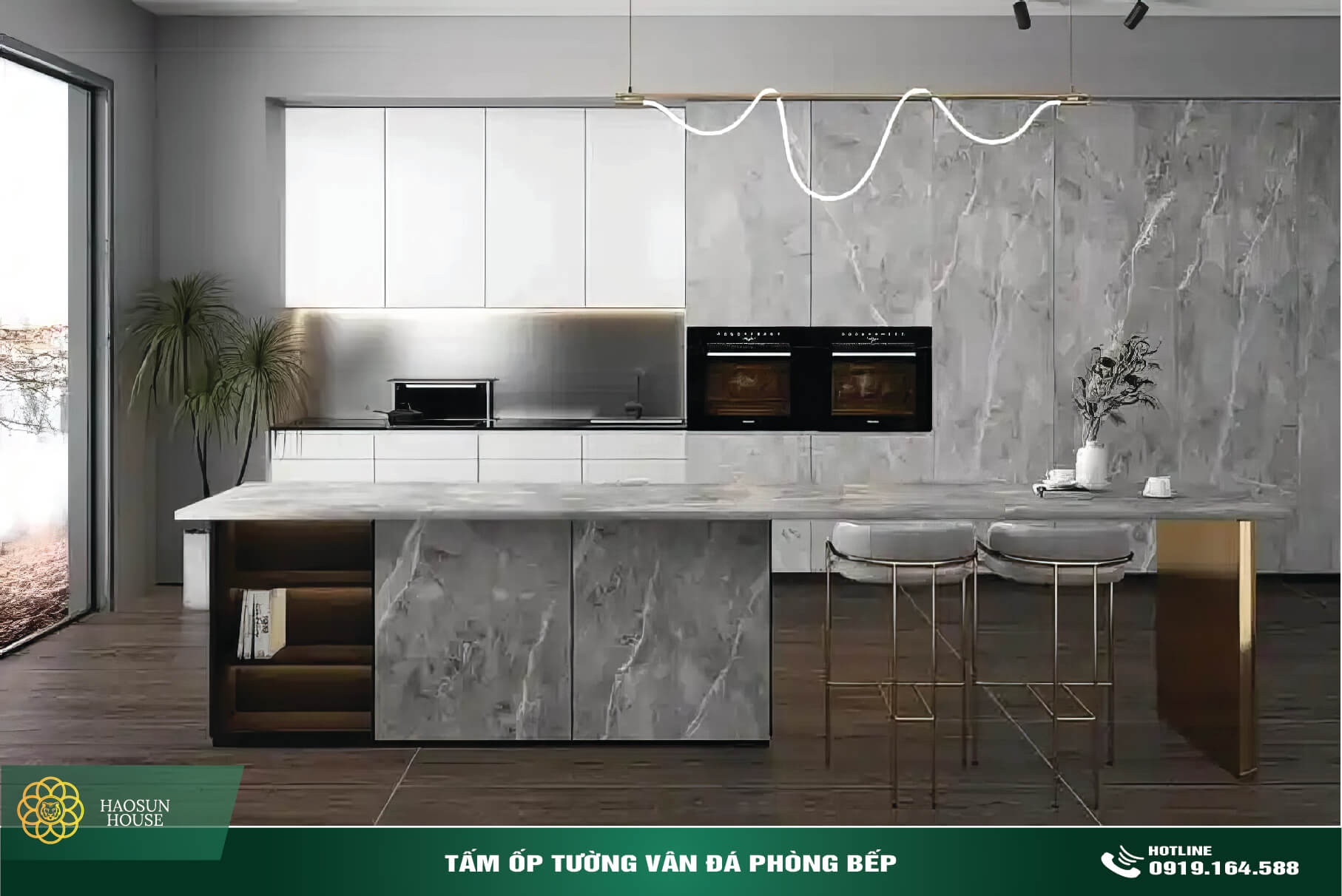 Mẫu tấm nhựa ốp tường vân đá phòng bếp