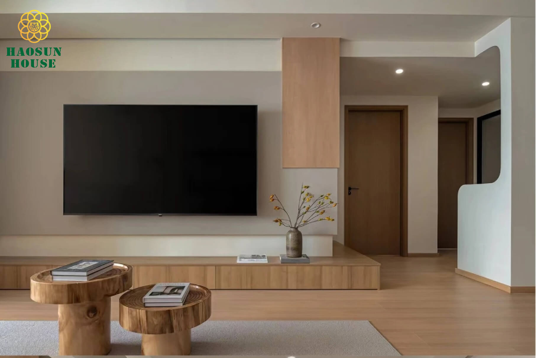 Thiết kế nội thất phòng khách vân gỗ 