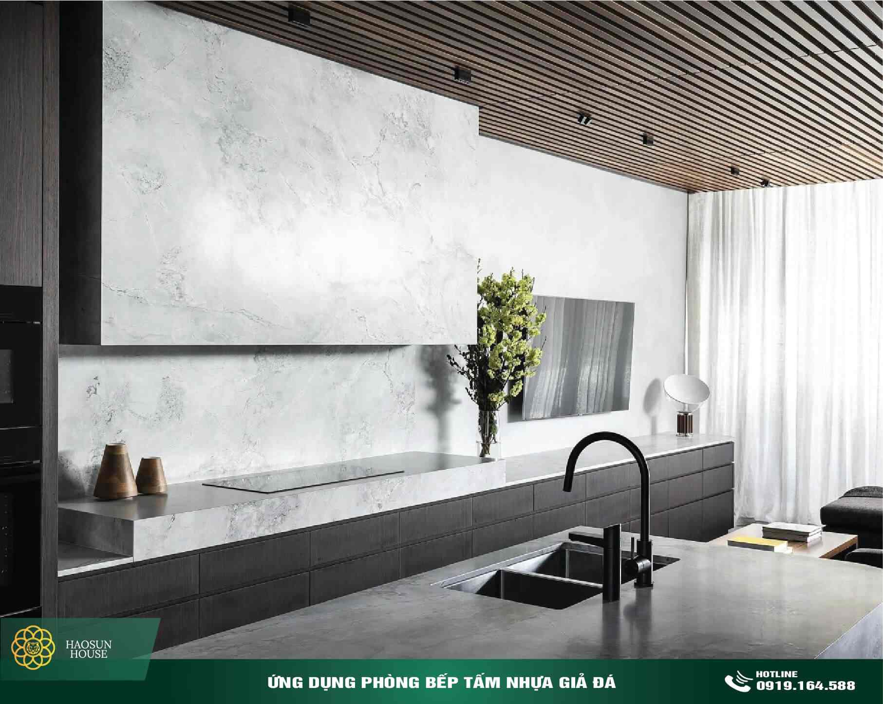 Ứng dụng tấm nhựa pvc giả đá ốp tường phòng bếp