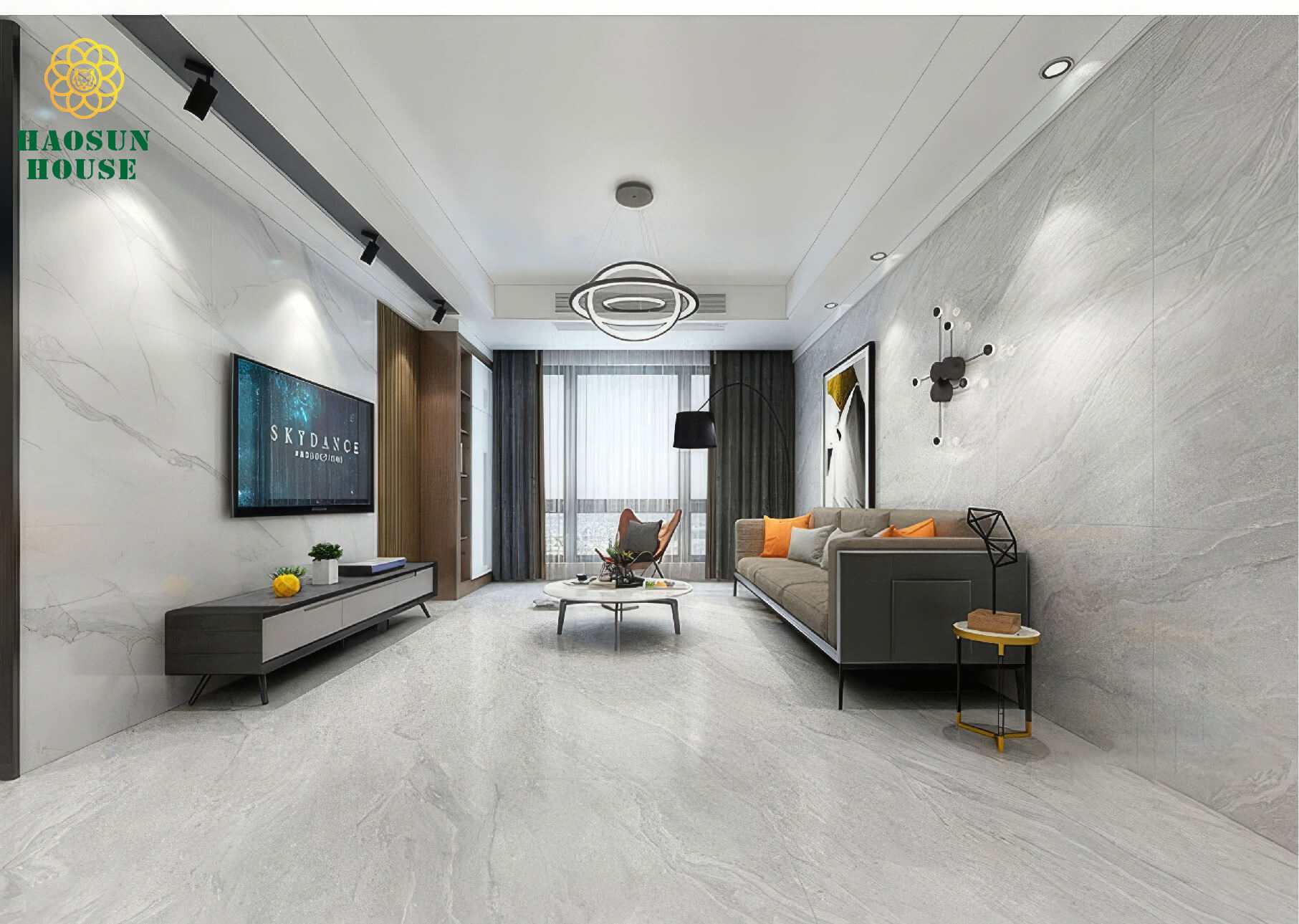 Ứng dụng tấm pvc vân đá ốp tường phòng khách