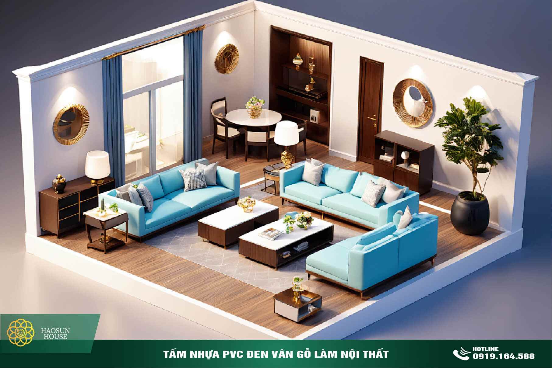 Tấm Nhựa PVC phủ Màu vân gỗ phòng khách