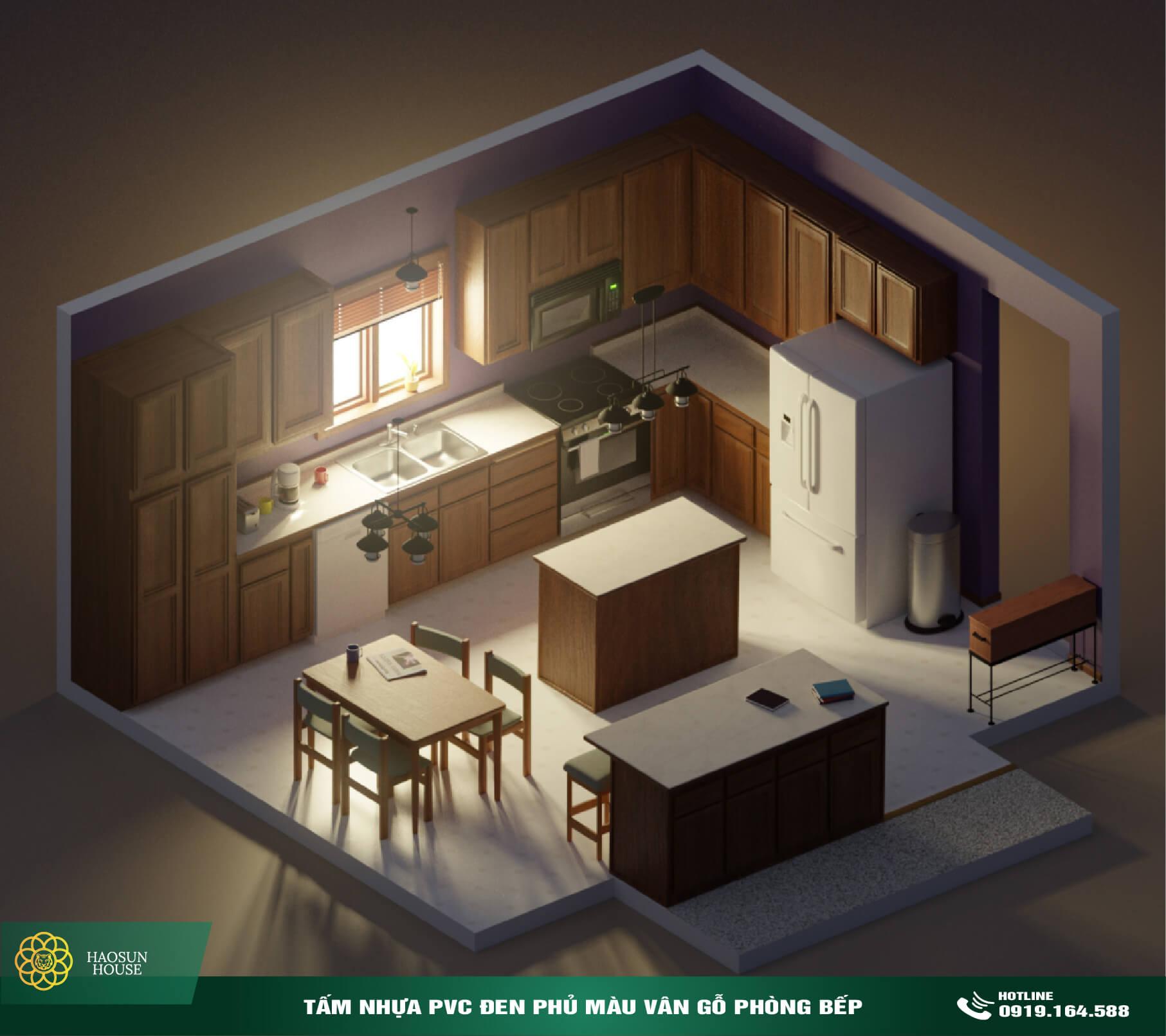 Tấm Nhựa PVC phủ Màu vân gỗ phòng bếp