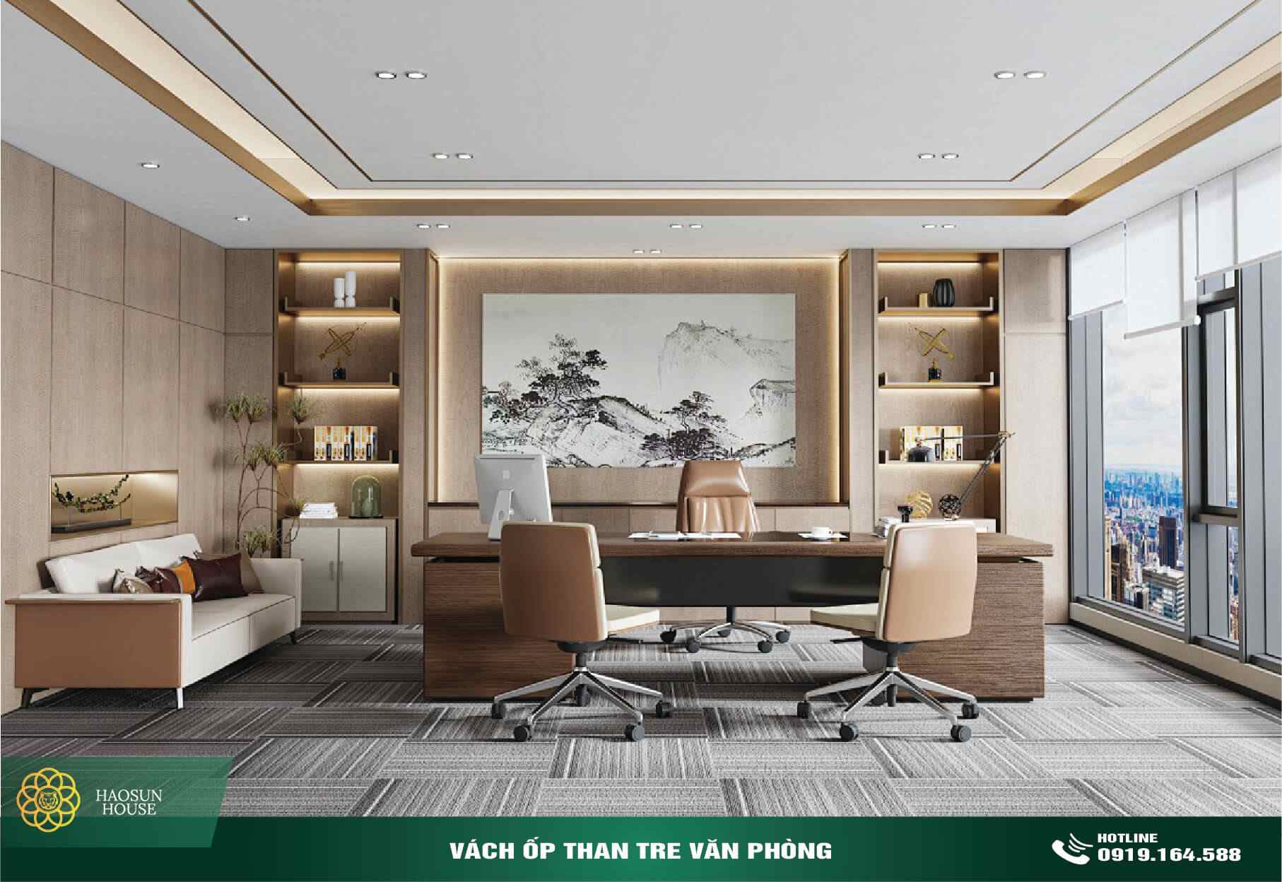 Vách ốp than tre haosun house văn phòng