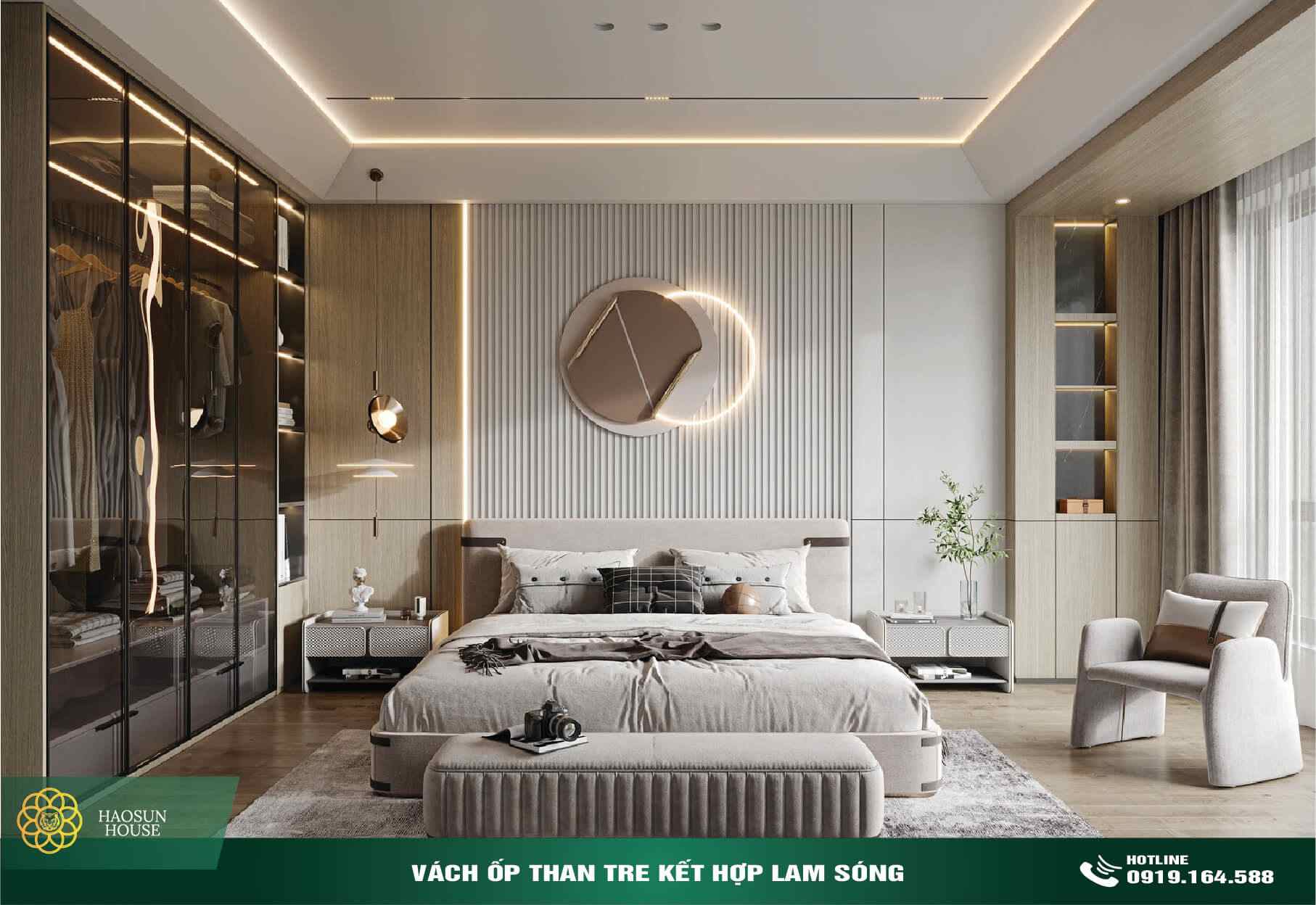 Vách ốp than tre kết hợp Lam sóng phòng ngủ