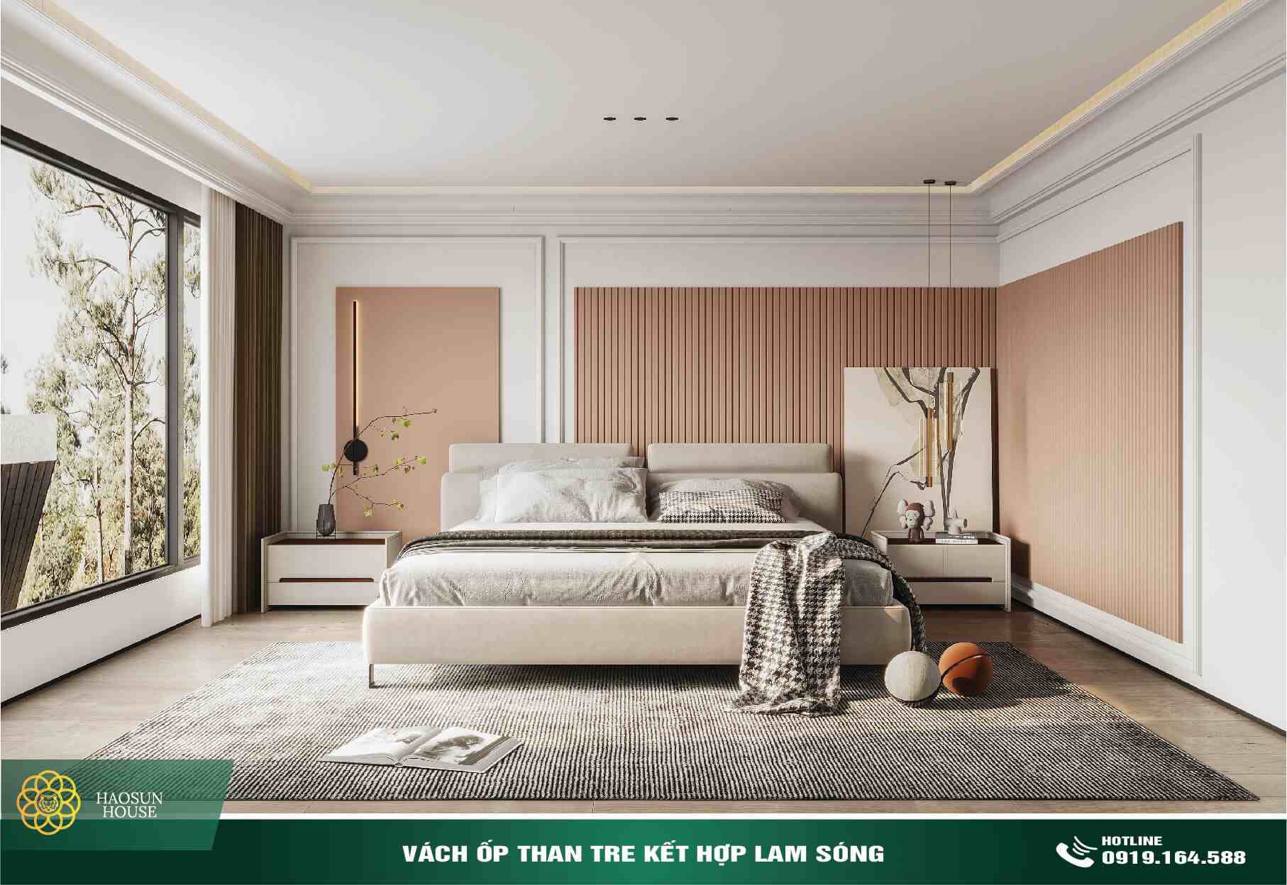 Vách ốp than tre kết hợp Lam sóng phòng ngủ