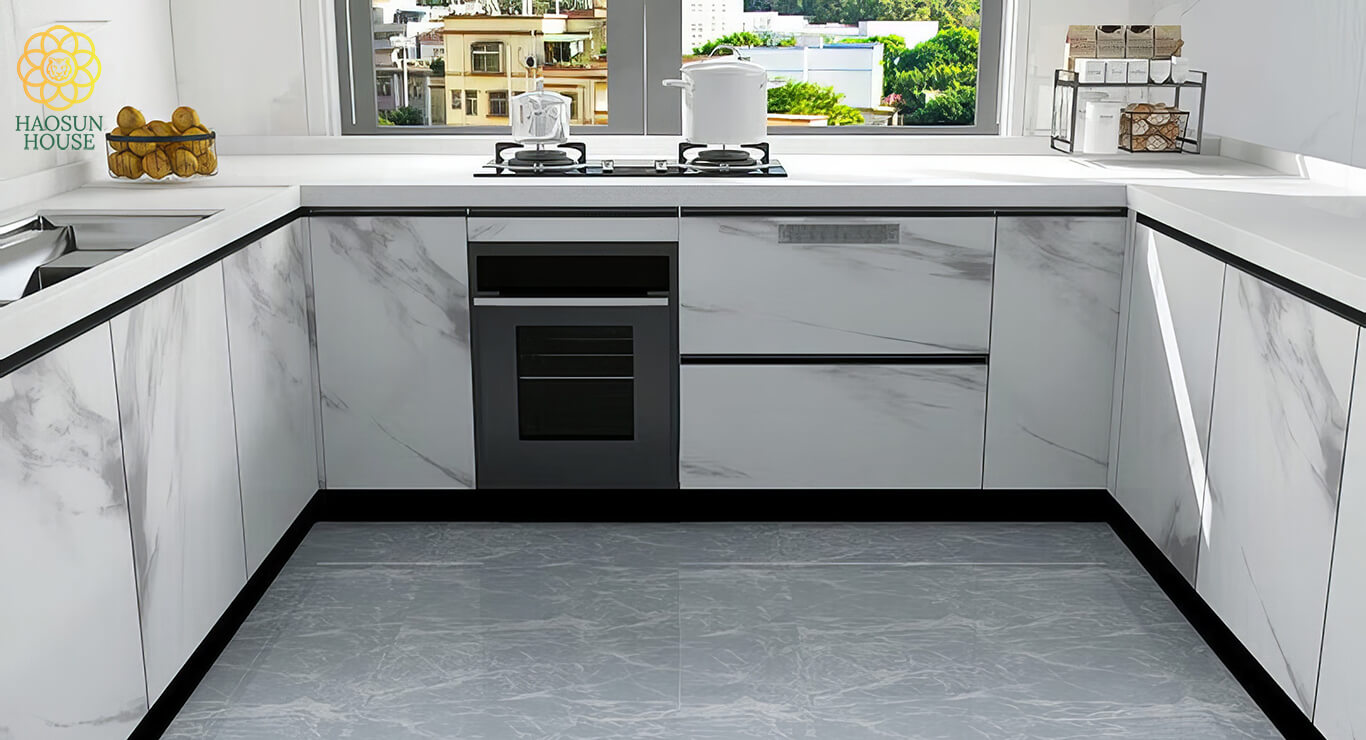 Thi công tấm pvc vân đá phòng bếp