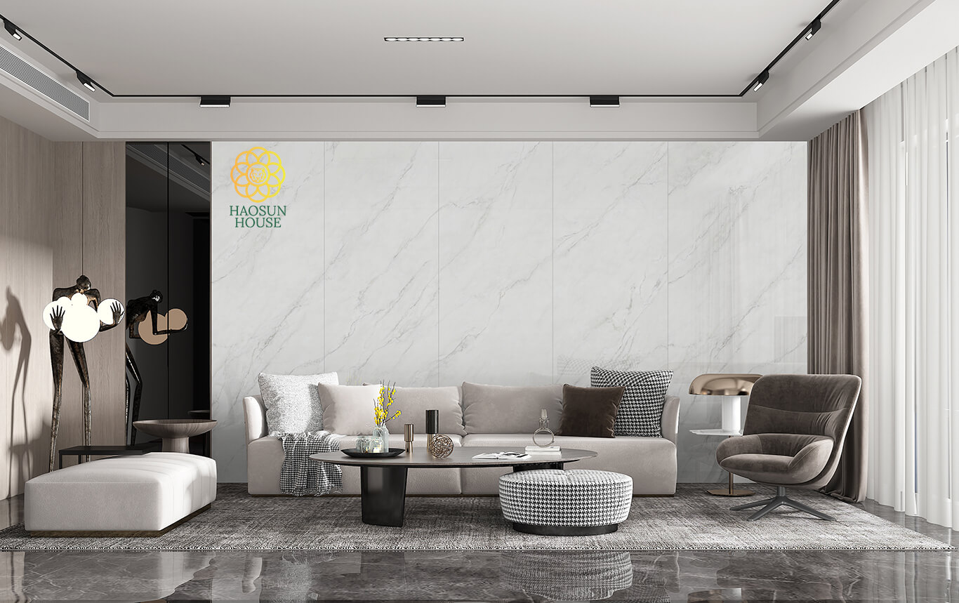Thi công tấm pvc ốp tường giả đá phòng khách