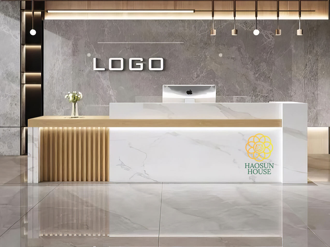 Mẫu quầy lễ tân tấm ốp pvc giả đá