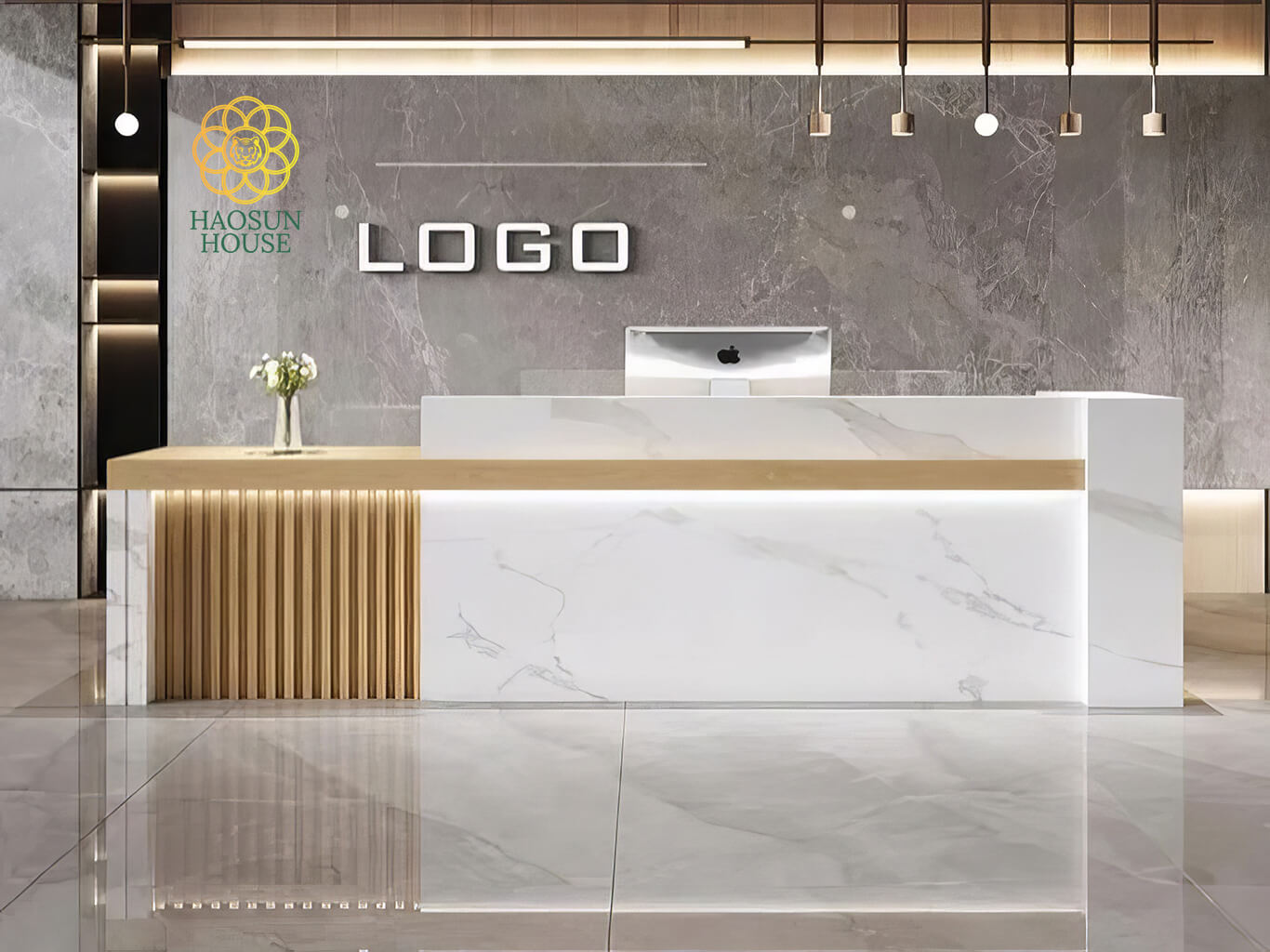 Mẫu quầy lễ tân tấm pvc giả đá