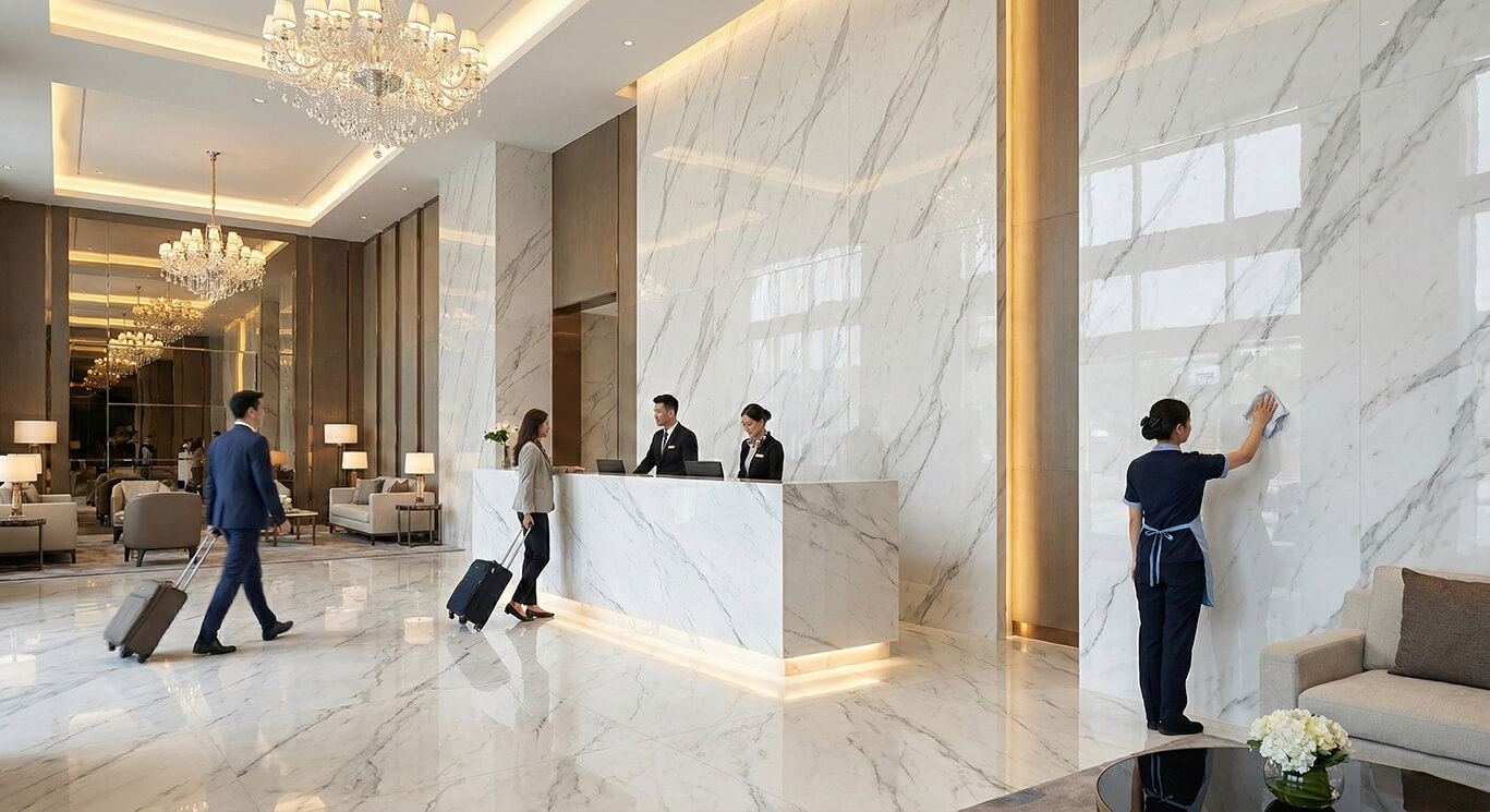 ốp tường tấm pvc vân đá không gian khách sạn