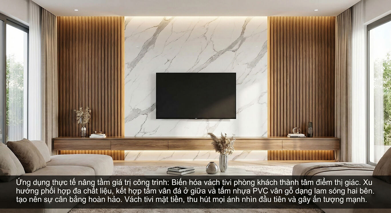ốp tường tấm pvc vân đá không gian phòng khách