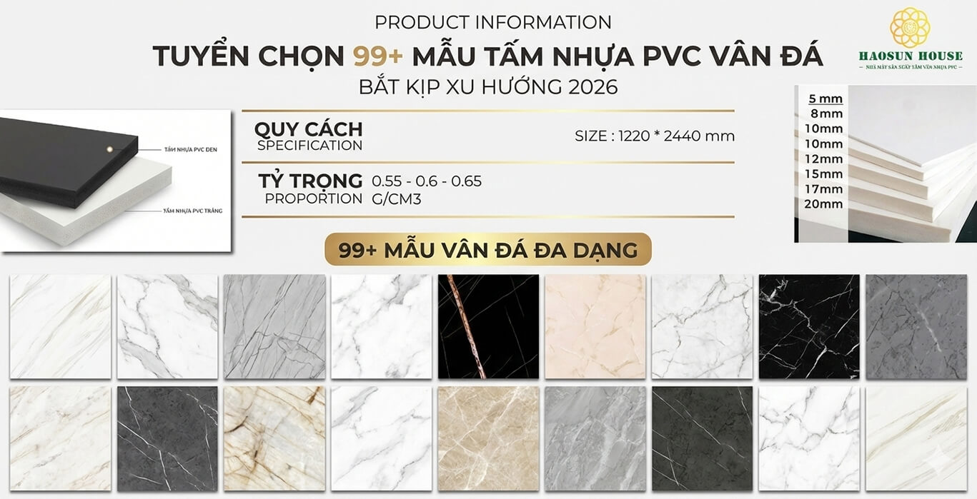Mẫu tấm nhựa pvc vân đá đẹp 2026