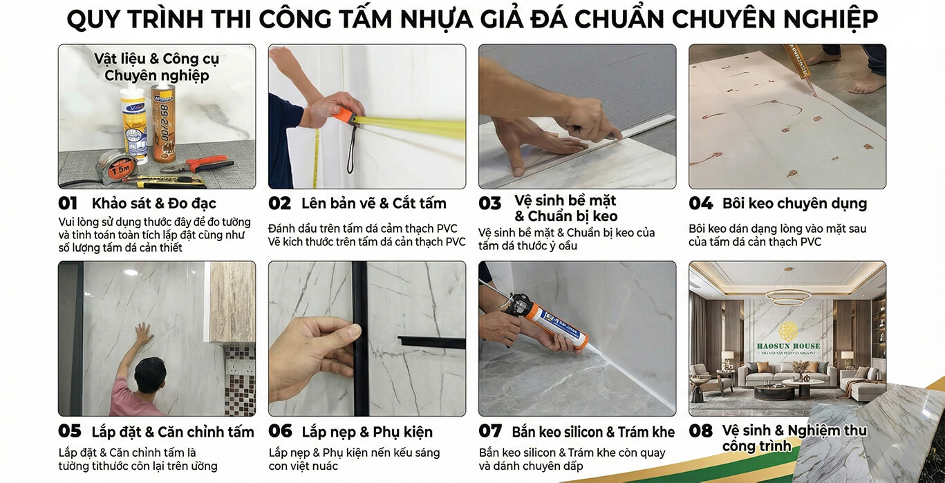 Quy trình thi công tấm nhựa pvc giả đá tại biên hòa