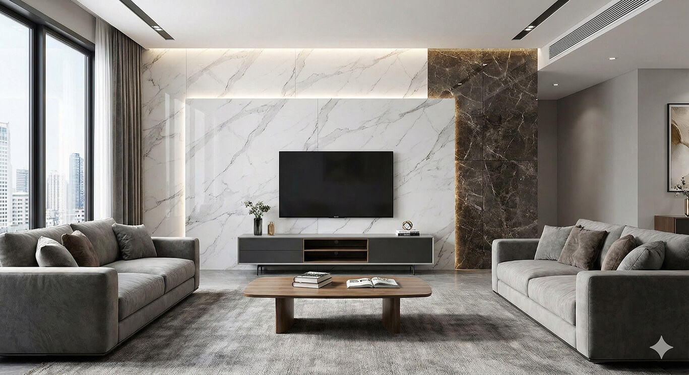 Ứng dụng tấm nhựa pvc vân đá phòng khách