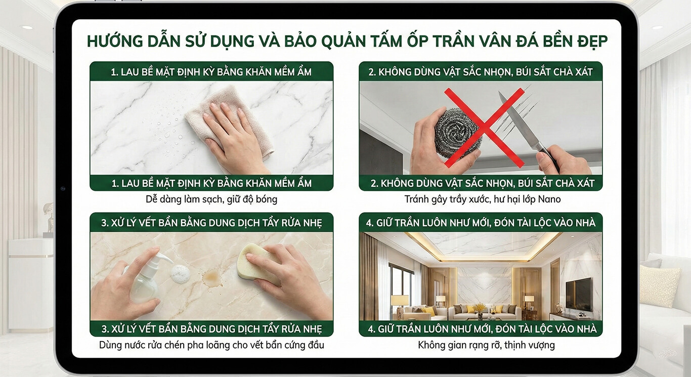 Hướng dẫn sử dụng và bảo quản tấm ốp trần vân đá bền đẹp