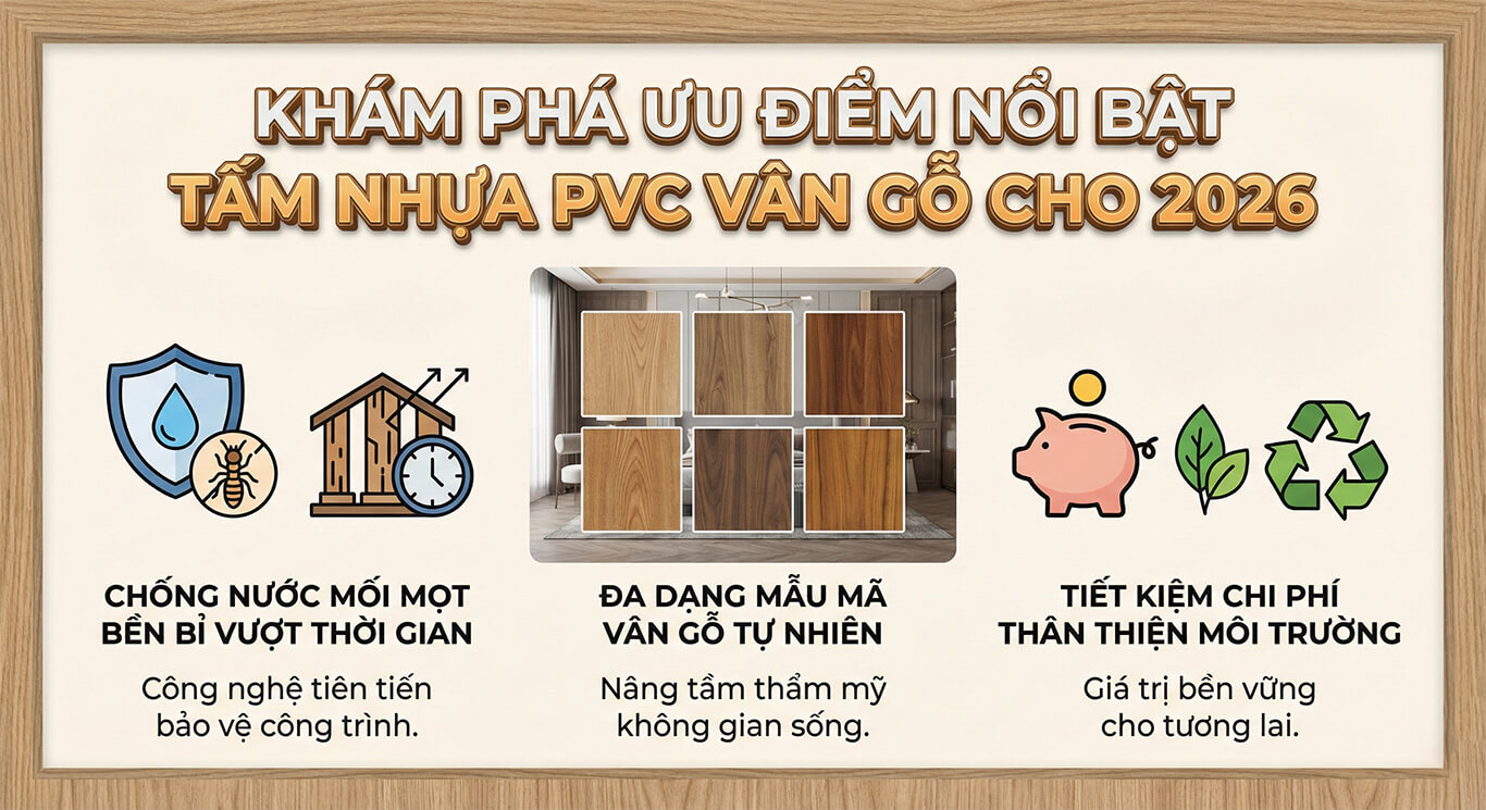 Ưu điểm Tấm PVC vân gỗ bền đẹp xu hướng 2026 cho mọi nhà