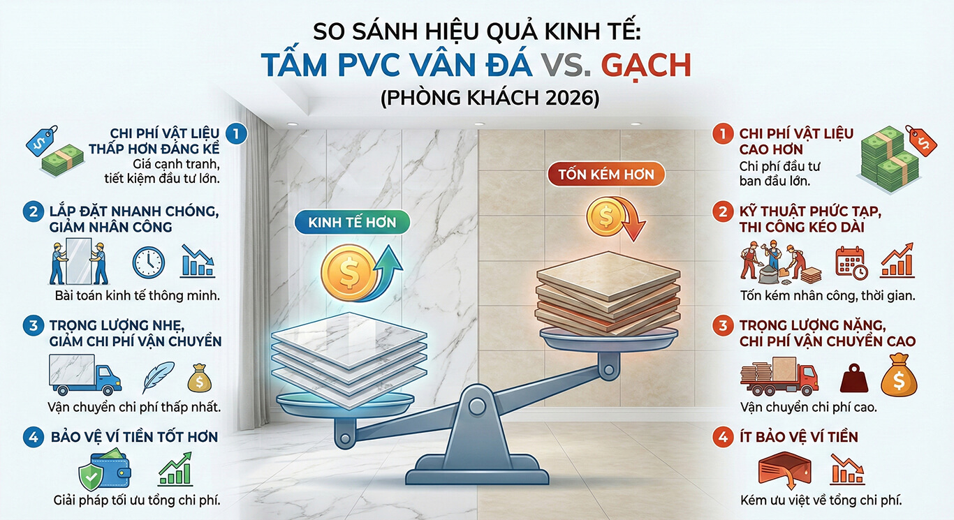So sánh hiệu quả kinh tế tấm pvc vân đá và gạch