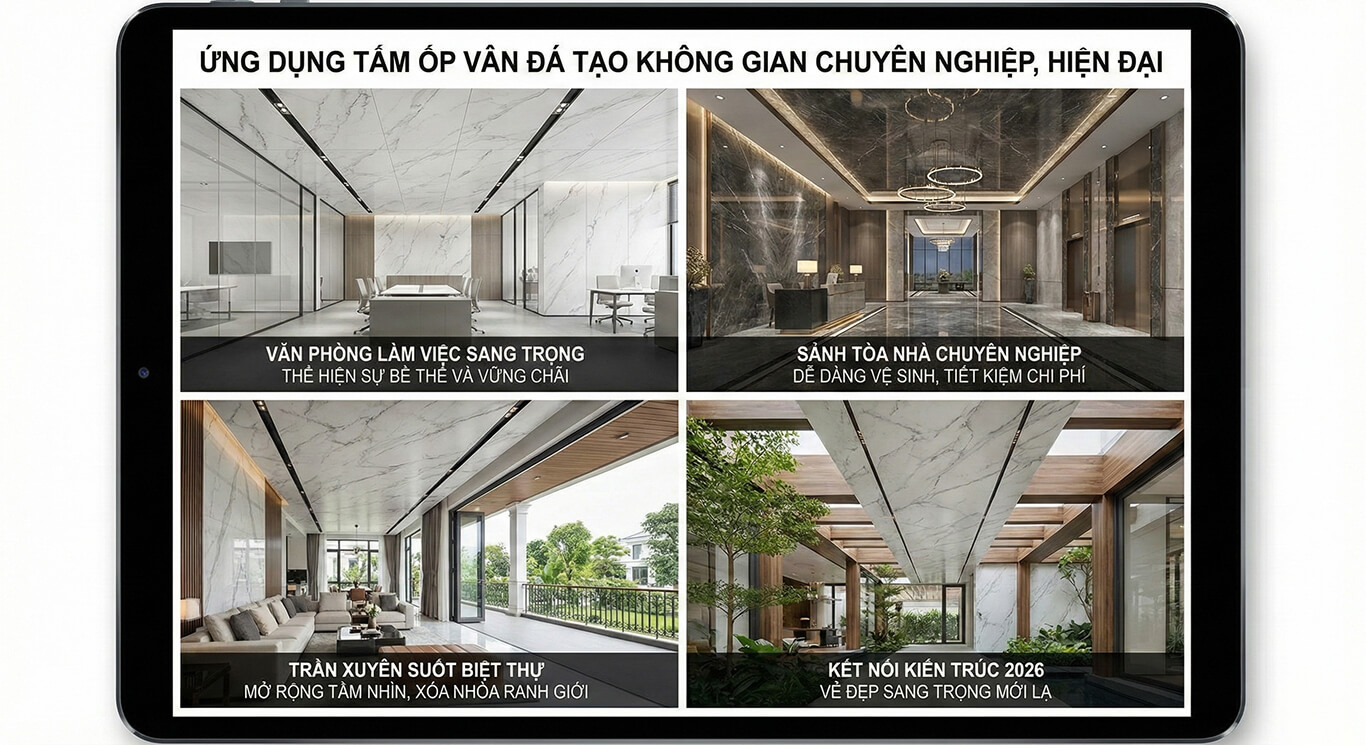 Ý tưởng thiết kế trần vân đá tối ưu cho phòng khách, phòng ngủ