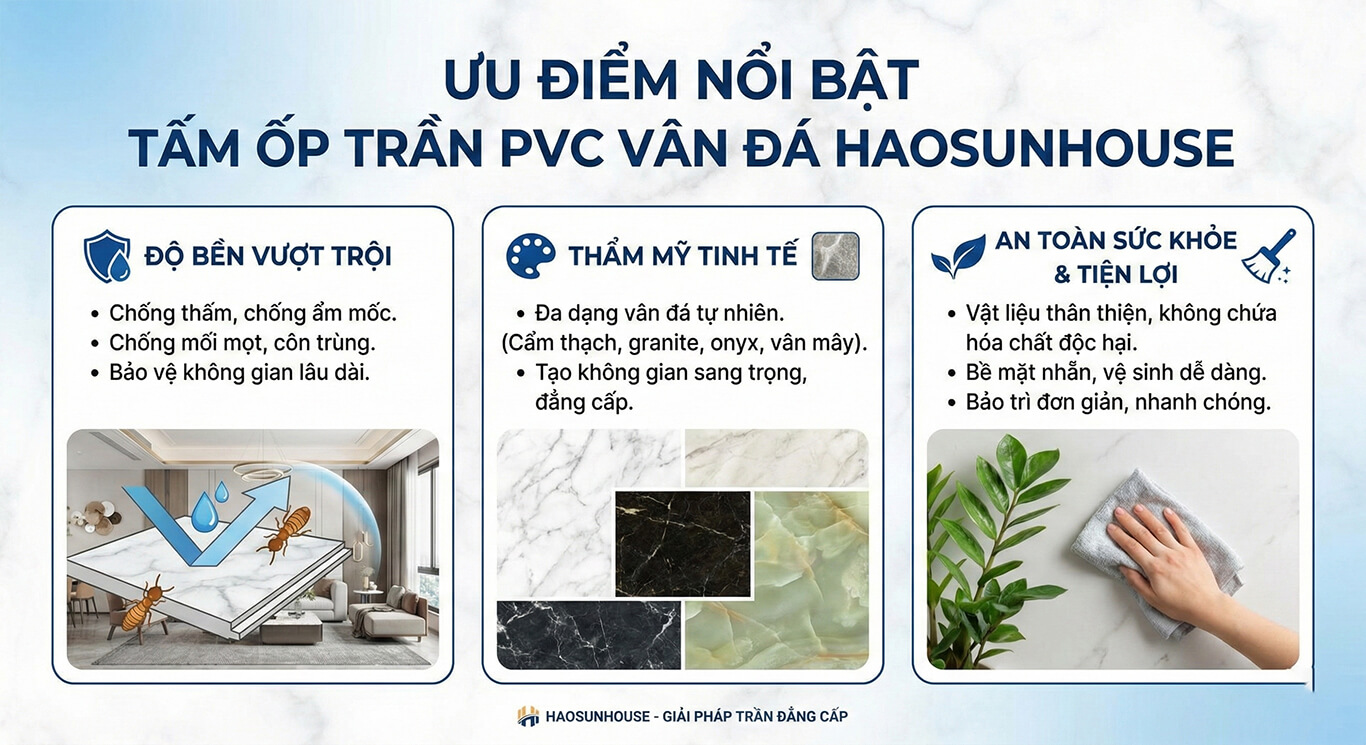 Ưu điểm nổi bật tấm ốp trần PVC vân đá HAOSUNHOUSE