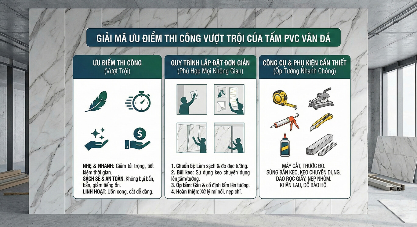 ưu điểm thi công vượt trội của tấm pvc vân đá
